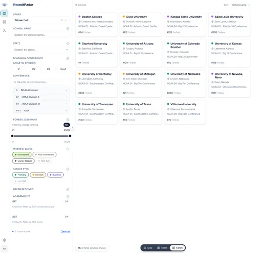 RecruitRadar school card view